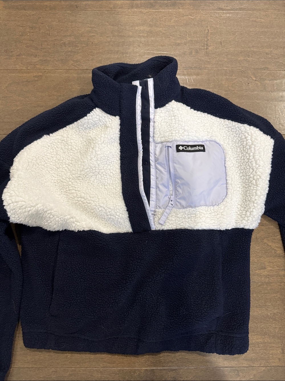 Columbia Kids Navy and White Sherpa Pullover with Light Gray Pocket